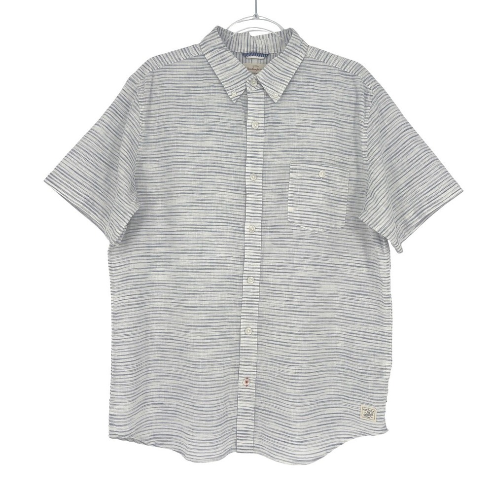 Weatherproof Vintage‎ Shirt Mens Large Blue Striped Linen Blend Casual